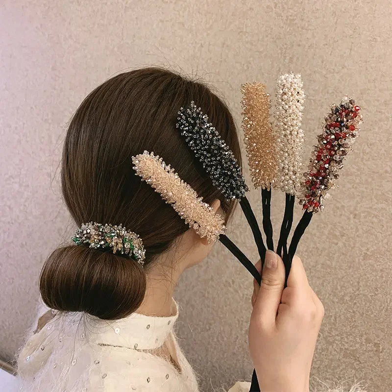 1pcs Women Flower Donut Bun Maker Crystal Ribbon DIY Hair Style Tools Korean Fashion Hair Curler Accessories Gift for Girlfriend