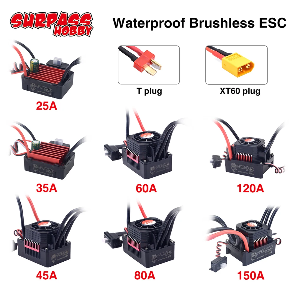 SURPASSHOBBY ESC 150A 80A 120A 25A 35A 45A 60A Waterproof Electric Speed Controller for 1/8 1/10 1/12 RC Car Brushless Motor