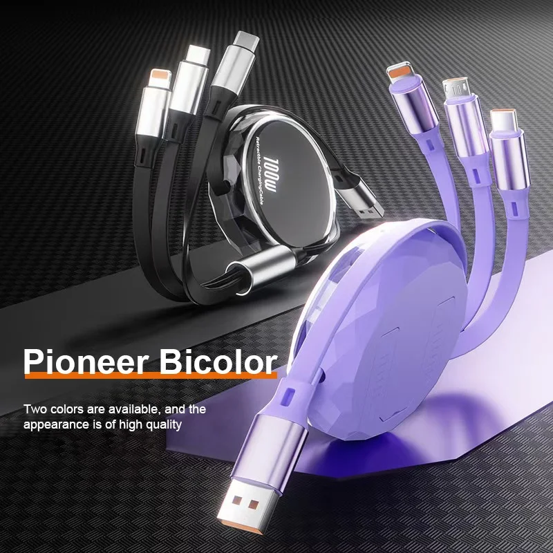 كابل شاحن 3 في 1 متعدد 100 وات من النوع C USB إلى Micro Usb C سلك شحن سريع للغاية قابل للسحب لهاتف آيفون وسامسونج وهواوي