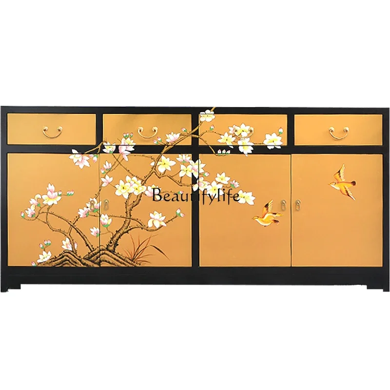 New Chinese modern dining side cabinet flower and bird painted guest foyer sofa back cabinet