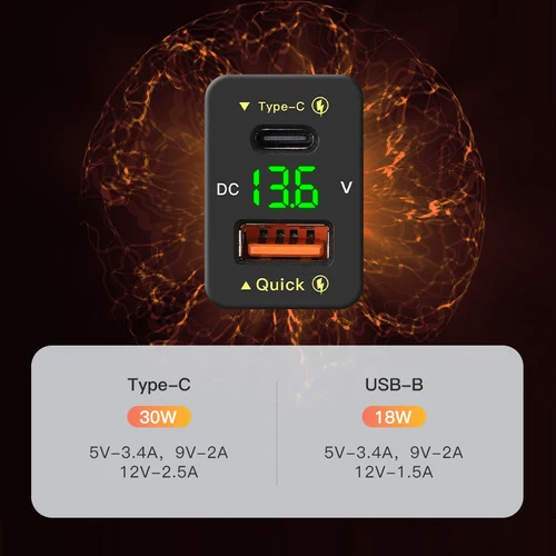 Imagen 2 del producto QC3.0 48W Usb C PD Puerto 12V/24V accesorios de cargador de coche adaptador de toma de corriente para teléfonos móviles Toyota voltímetro de carga rápida