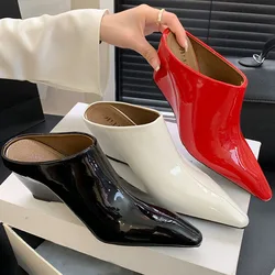 2024 New Fashion Pointed Toe Women Wedges Slippers Shoes Female Slides Wedges Pumps Slippers Shoes For Ladies Mules Red Footwear