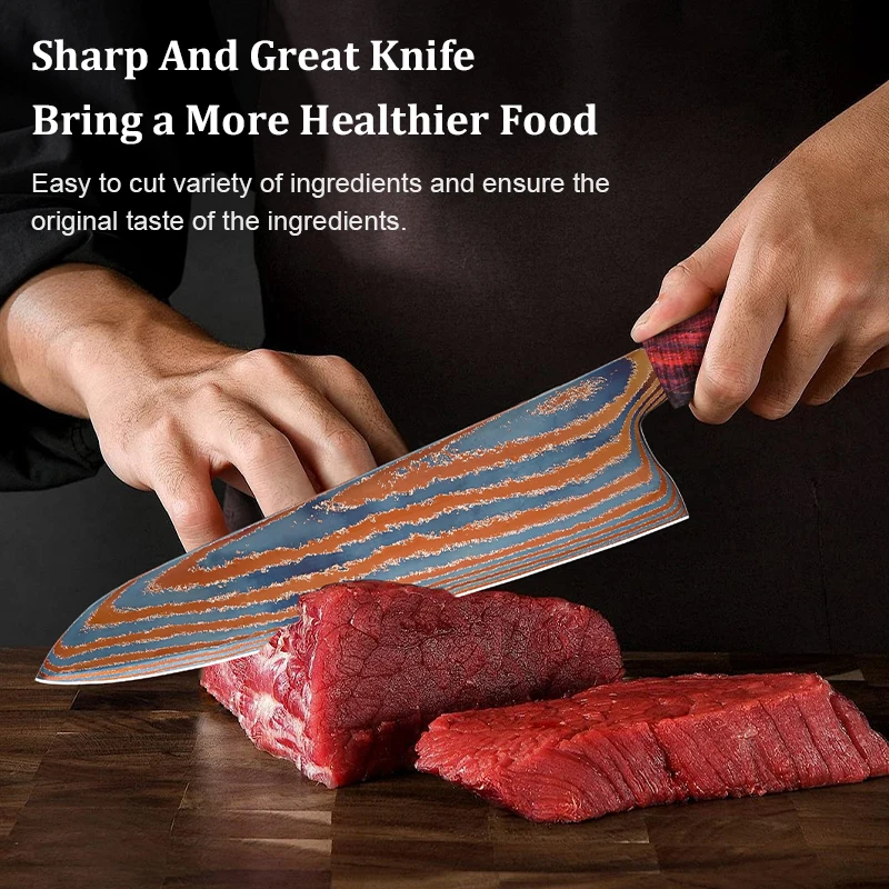 8' Chef Knife Damascus Steel Sharp Timascus Knife Blade Titanium Cut Vegetable and Meat Stabilized Colored Wood Handle