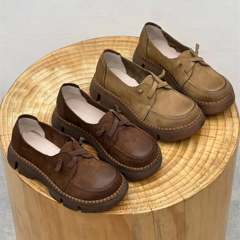 Brown Retro Village Style Women's Cowhide Shoes Platform All Genuine Leather