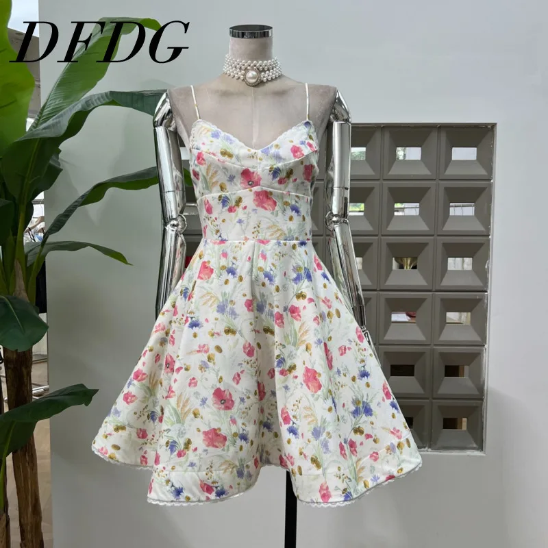 DFDG 2025 الربيع الدانتيل المشذبة Strappy الأزهار طباعة فستان قصير بوهو ملابس الشاطئ خفيفة الوزن تنفس فستان الشمس أنيق غير رسمي