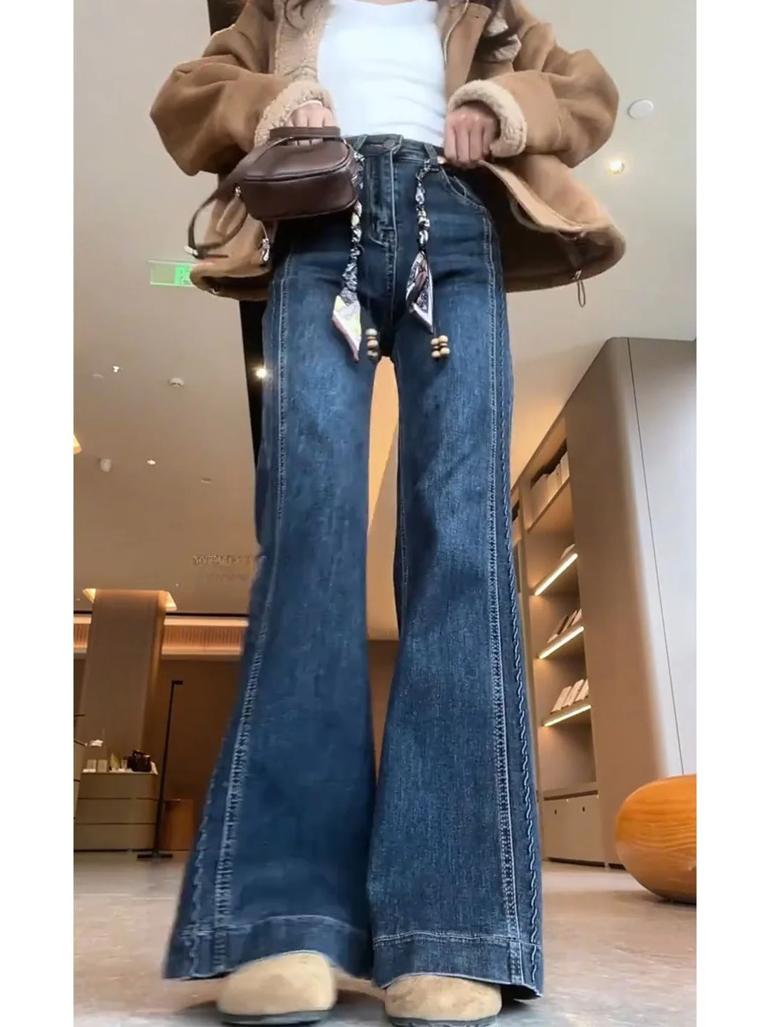 Plus Size Dames Hoge Taille Fce Gevoerde Denim Jeans Elastisch Afslanken Losse Uitlopende Broek Herfst Winter Faion Trend