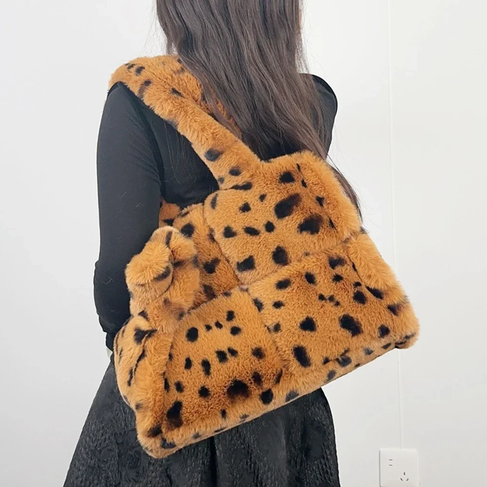 Luxury Leopard Tote Bag Fluffy Faux Fur Bags for Women's Bag Winter Warm Plush Shoulder Crossbody Bags Designer Handbags Shopper