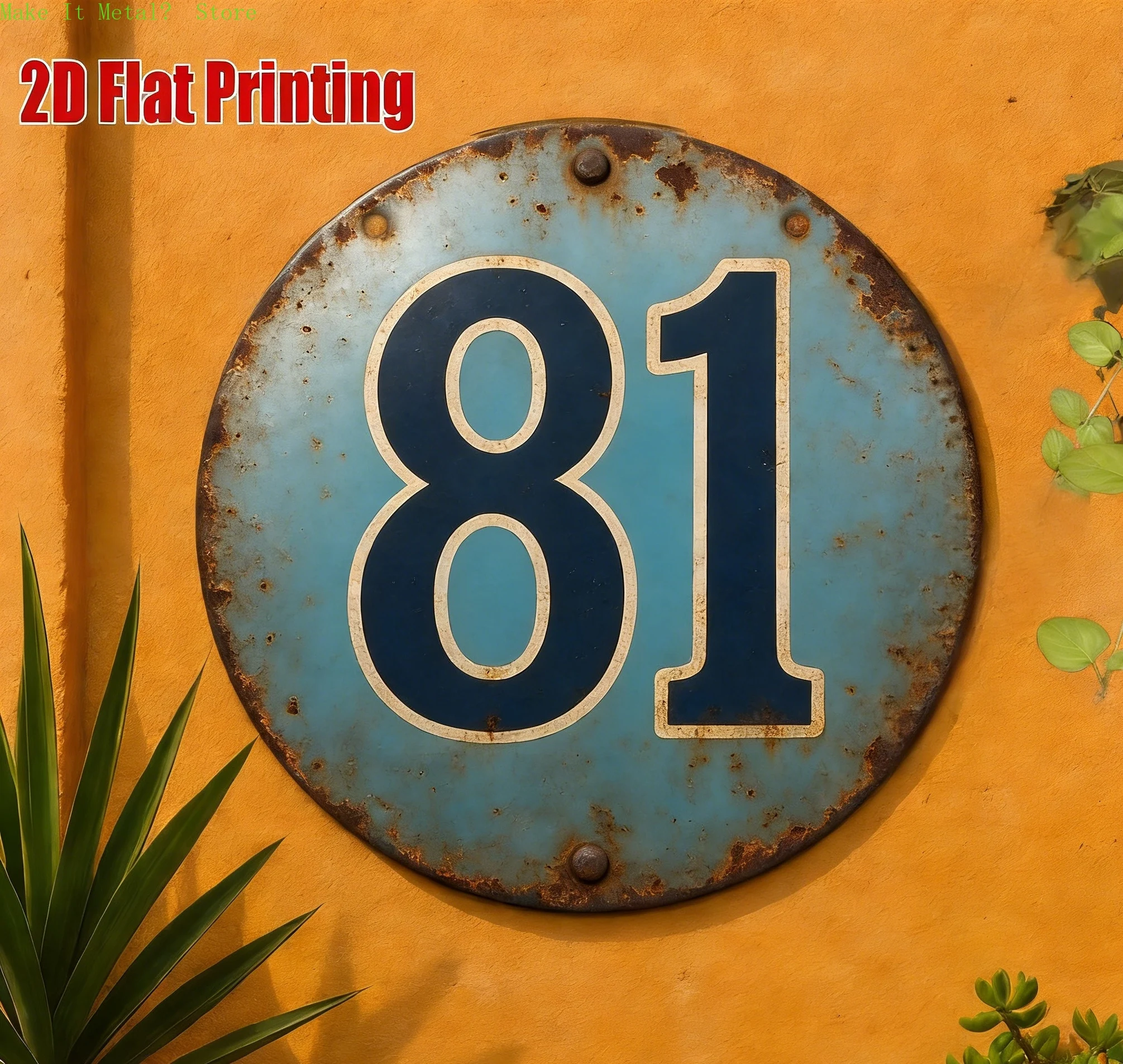 Vintage Nummer 81 Distressed Blue 2D Flaches Rundes Metallschild - Retro Industrielle Wanddekoration für Zuhause und Garage