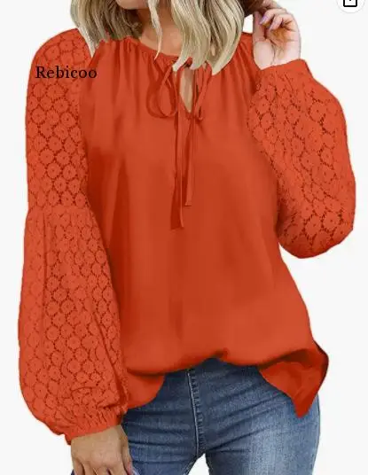 2022 European and American foreign trade women's cross-border Amazon round neck long sleeve lace splicing tie rope loose T-shirt