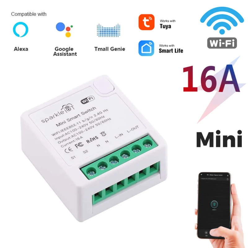 16A Tuya Mini DIY WiFi Smart Switch with Timing Function Smart Light Switch Module Compatible with Alexa Google Home