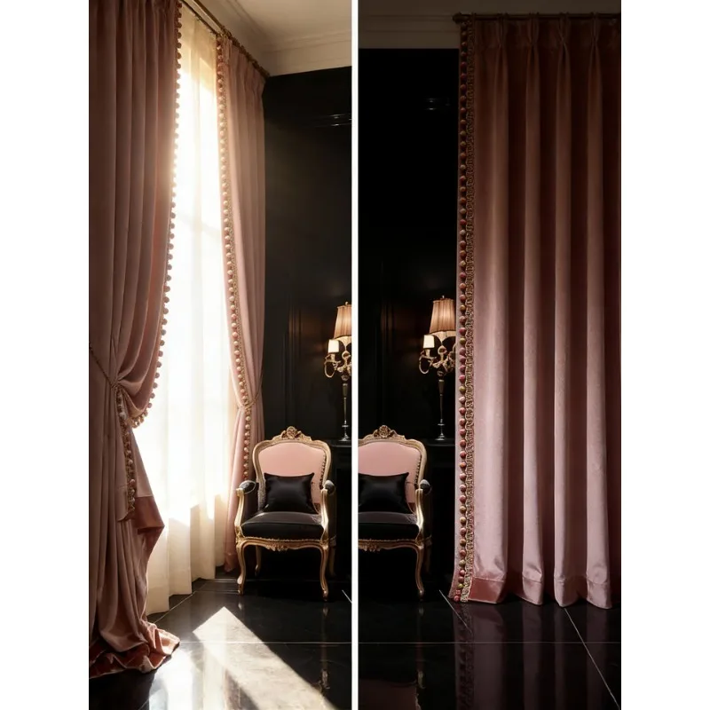 French Luxury Rococo Pink Velvet Curtain, Premium European Style for Villa Living Room Bedroom