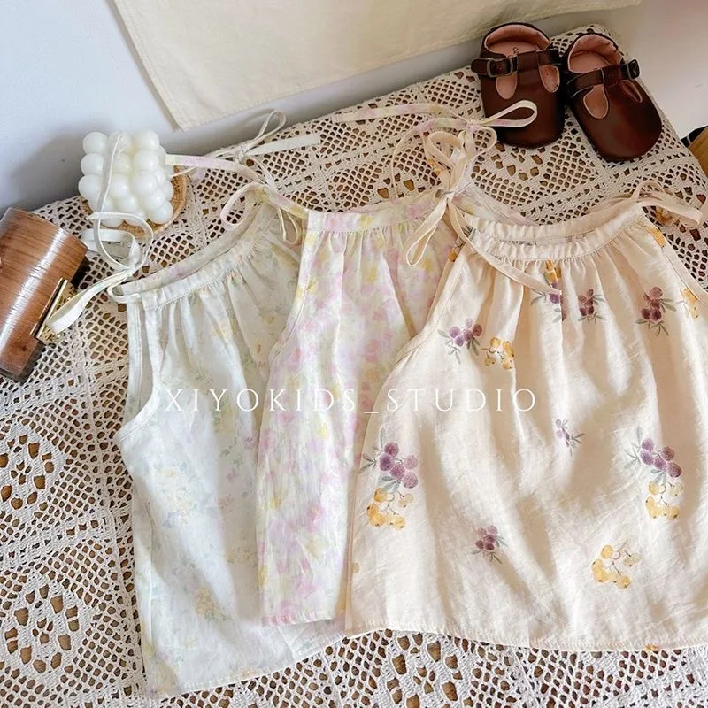 

Girl's Top 2025 Summer New Children's Clothing Korean Style Girl Baby Fashion Lovely Sleeveless Print Tie Rope Top Casual Simple
