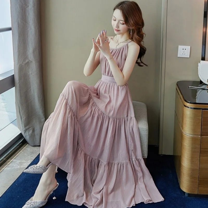 

Chiffon Sling Pink2024New Women's Summer French Retro First Love Gentle Cinched Slimming Long Dress