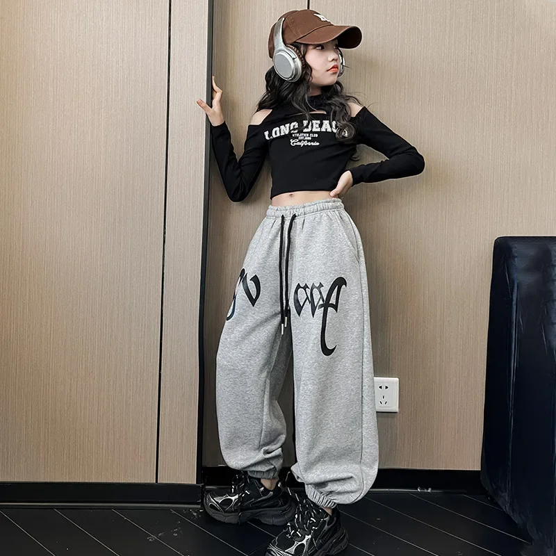 Kids Clothes 2Pcs Loose Casual Sweatpants And Tops Sets Hip Hop Girls Off-Shoulder Crop Top Long Sleeve Tshirt And Pants 3-16Yrs