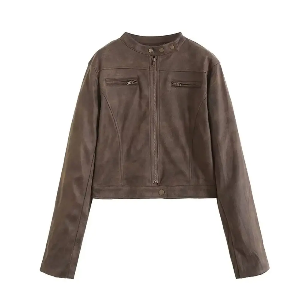 レディース レトロ ダメージ加工 スエード レザー ジャケット スリムフィット ショート 早秋 ファッション アウター