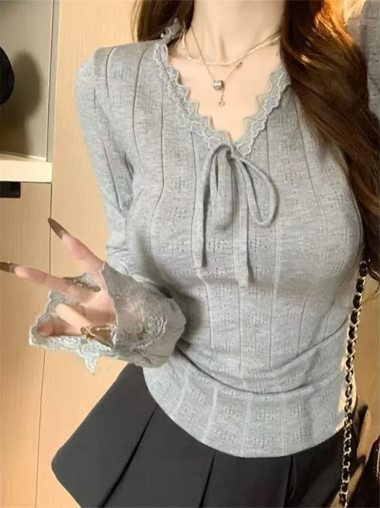 

Женский трикотажный свитер с кружевной отделкой и поясом, V-образный вырез, удлиненный рукав, облегающий крой, текстура Sensation, базовая модель для осени