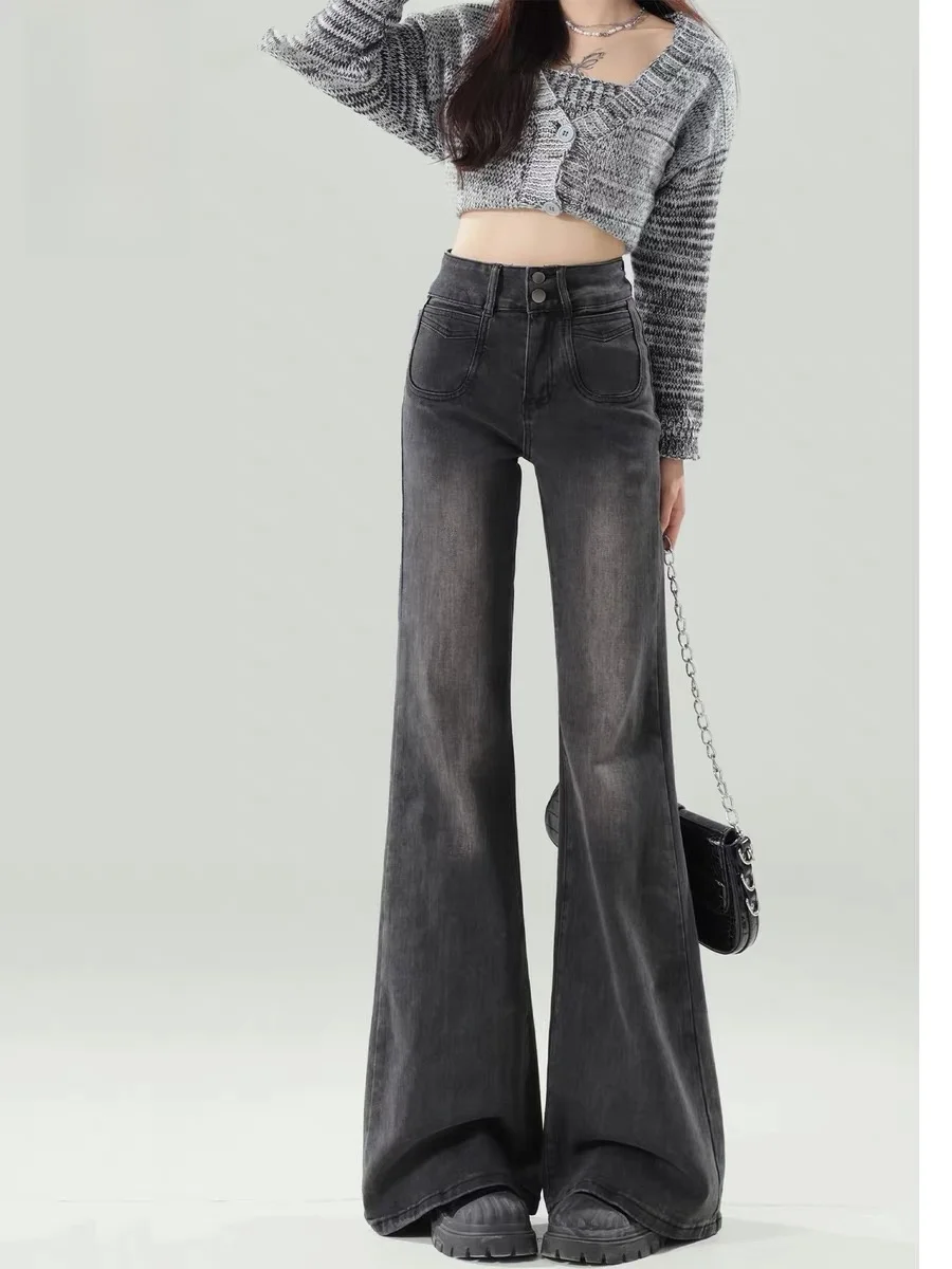 

Loose High Waist American Style Bell Bottom Jeans Women's Black Grey Loose Fit Casual Straight Leg Denim Pants Autumn Winter