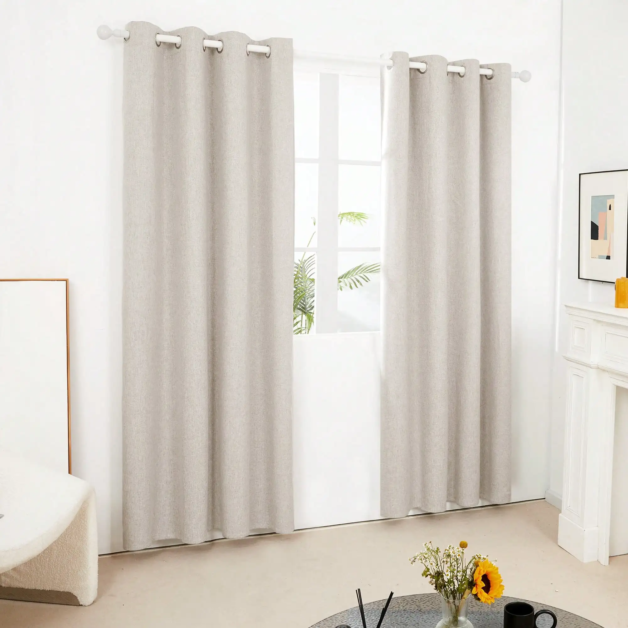 2 Pcs Full Blackout Curtains Faux Linen For Bedroom & Living Room - 100% Light Blocking Thermal Insulated Room Darkening, Noise Reducing, Modern Contemporary Style, 52 Inch Wide view 4