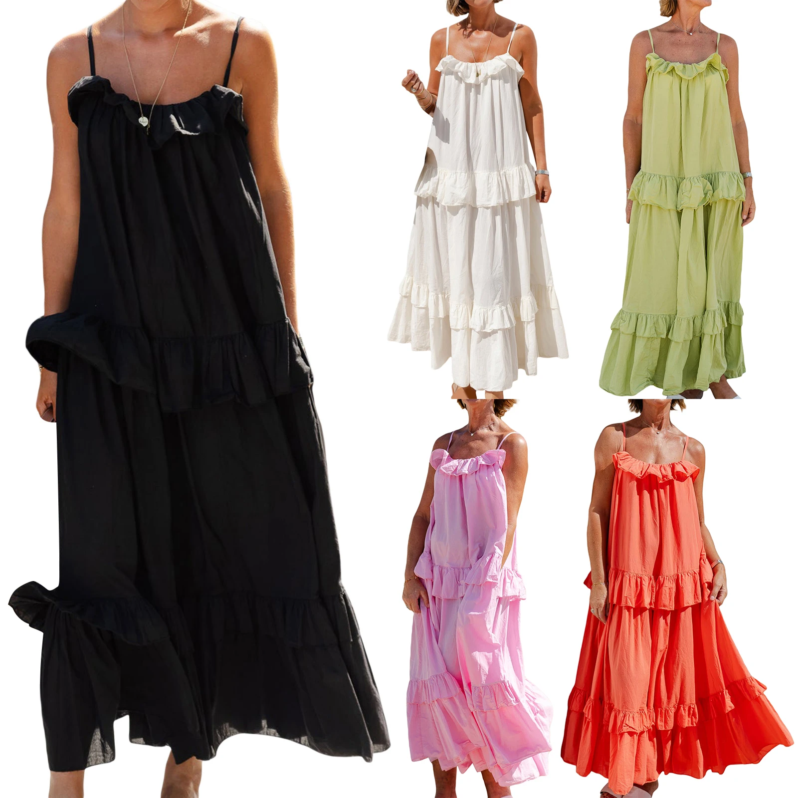 Women's Long Cami Dress Casual Loose Scoop Neck Back Tie-Up Swing Tiered Ruffled Spaghetti Strap Dress