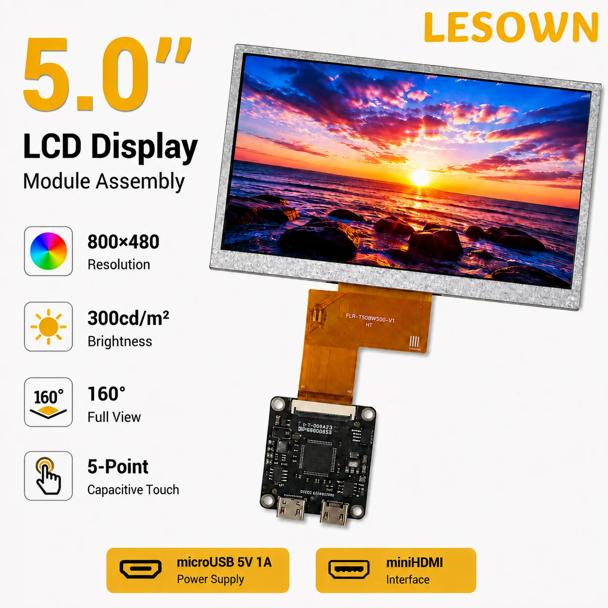 LESOWN 5 Inch Capacitive Touch Screen LCD Display 800x480 Mini HDMI USB Monitor Module with Driver Board for Raspberry Pi PC