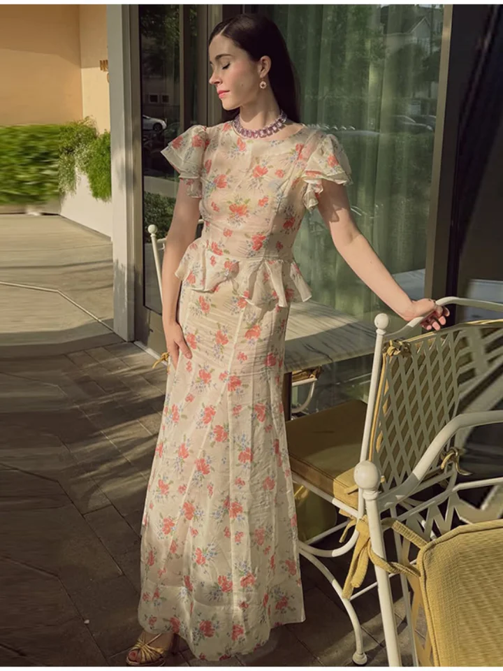 Vestido maxi de organza con estampado floral, escote en V y mangas abullonadas, primavera/verano 2026, romántico para fiesta, elegante para dama 6