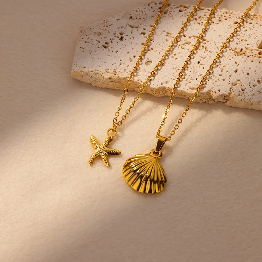 Stainless Steel Summer Beach Jewelry 2024 Trendy Accessories Gift Cute Gold Plated Shell Starfish Pendant Necklace For Women