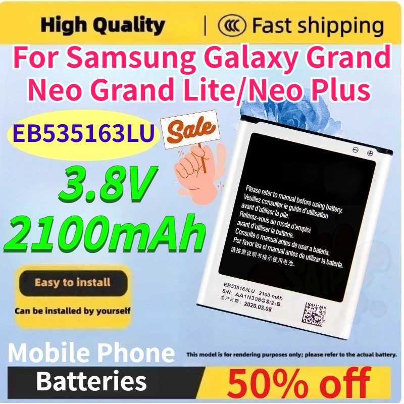 Baterías Nuevas para Teléfono Móvil de 3.8V 2100mAh EB535163LU para Samsung Galaxy Grand Neo Grand Lite/Neo Plus, Batería Compatible