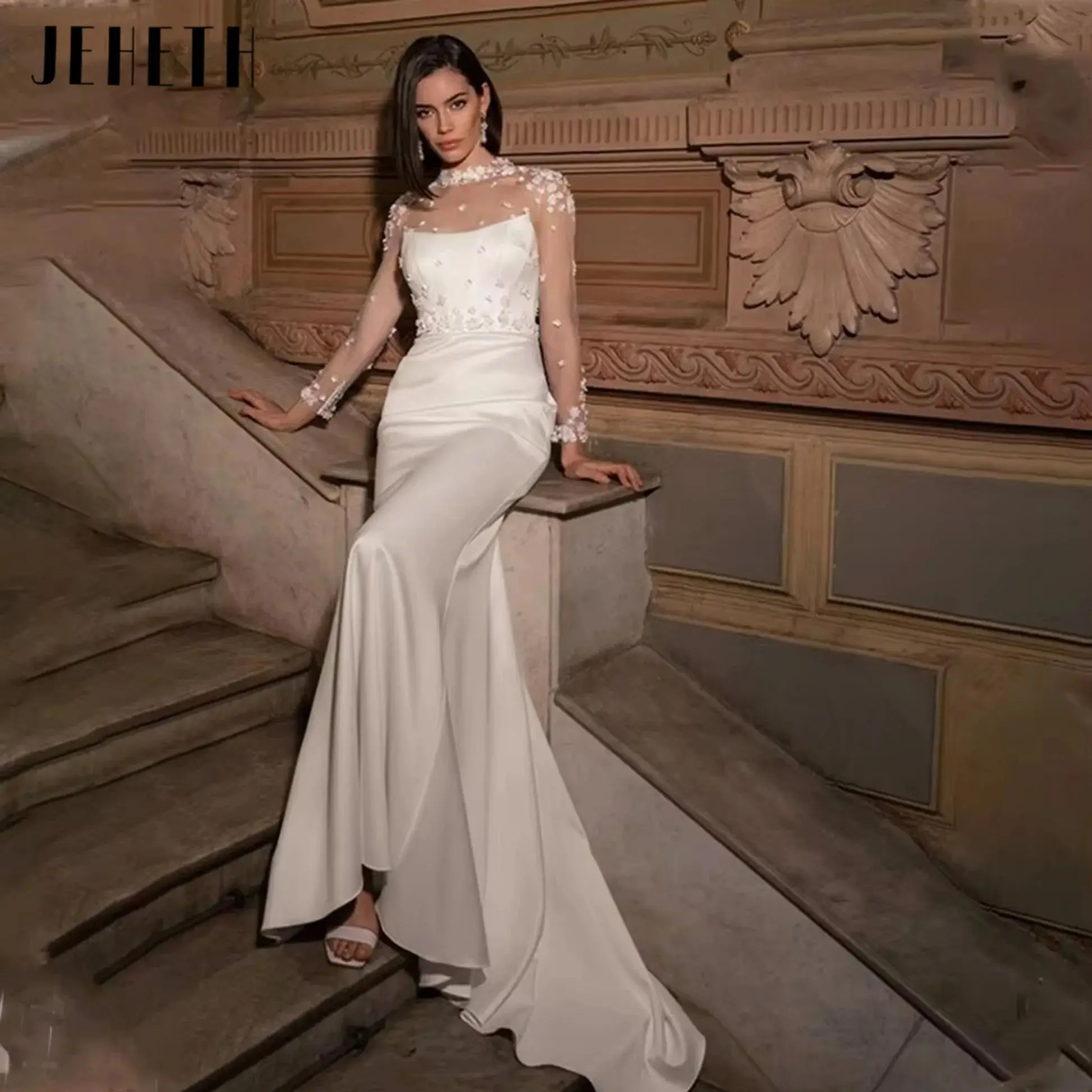 فساتين زفاف JEHETH ساحرة برقبة عالية وأكمام طويلة من الساتان Shath سويب تراين مصنوعة حسب الطلب 2025 Vestido De Noival مخصصة JEHETH ساحرة عالية الرقبة الأكمام الكاملة الساتين ظل فساتين الزفاف مسح القطار مصنوع حسب الطلب