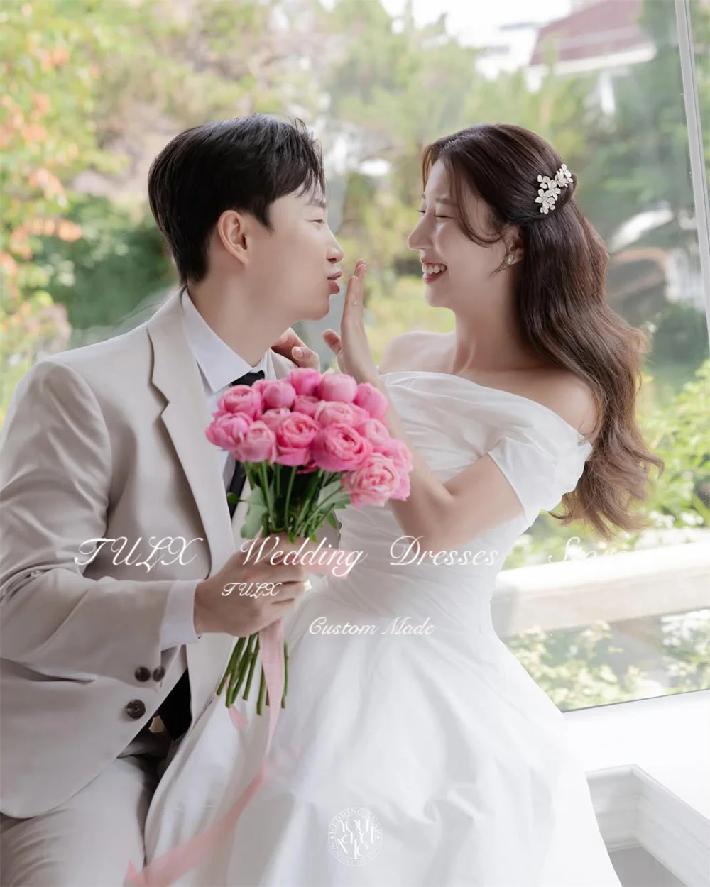 تولكس بسيط ألف خط فستان زفاف طويل كوريا صورة تبادل لاطلاق النار قبالة الكتف العاج التفتا فستان زفاف مشد مخصص  ওয়েডিংddeريس 2026