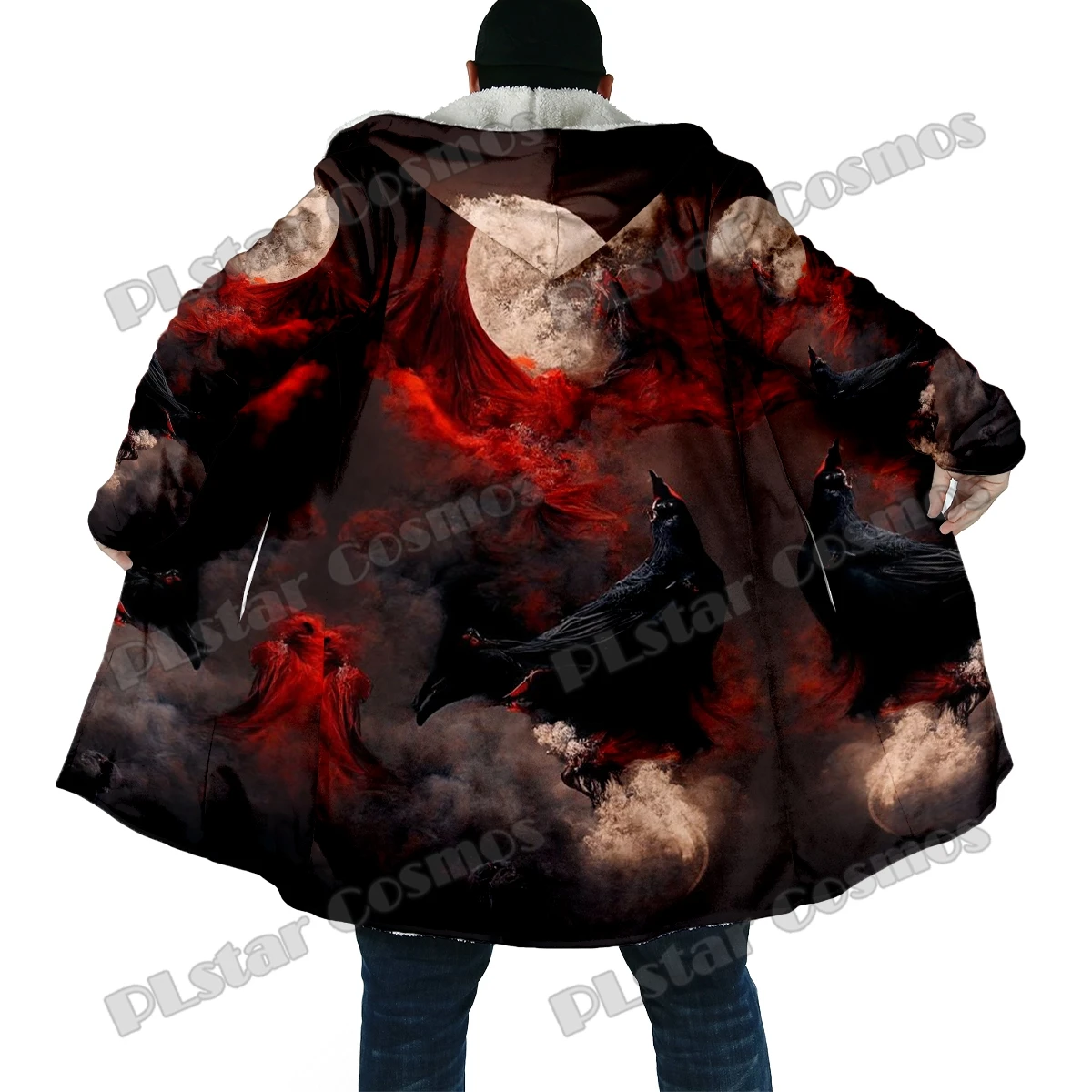 Winter Fashion Men's cloak Halloween Crow Skull Pattern 3D Printed Thick Fleece Hooded Cloak Unisex Casual Warm Cape Coat BB62