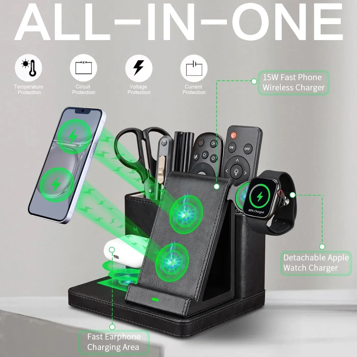 Desk Organizer with Phone Charger Nightstand Desktop Accessories Pen Holder Remote Control