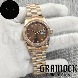 Gramock 31mm Luxury Women Automatic Watch Full Rose Gold Bracelet Fluted Bezel Sapphire Glass Brown Sunberst Dial Waterproof