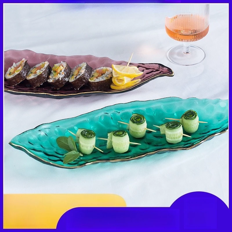 

Golden Edge Rectangular Glass Plate Japanese Sushi Dish Irregular Shape for Sashimi Serving
