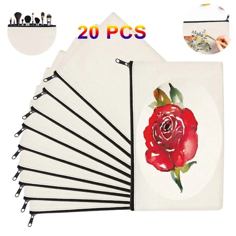 Customizable 20 PCS Blank Canvas Makeup Bags Sublimation Blanks Cosmetic DIY Canvas Pen Case Pencil Beige Multi-Purpose