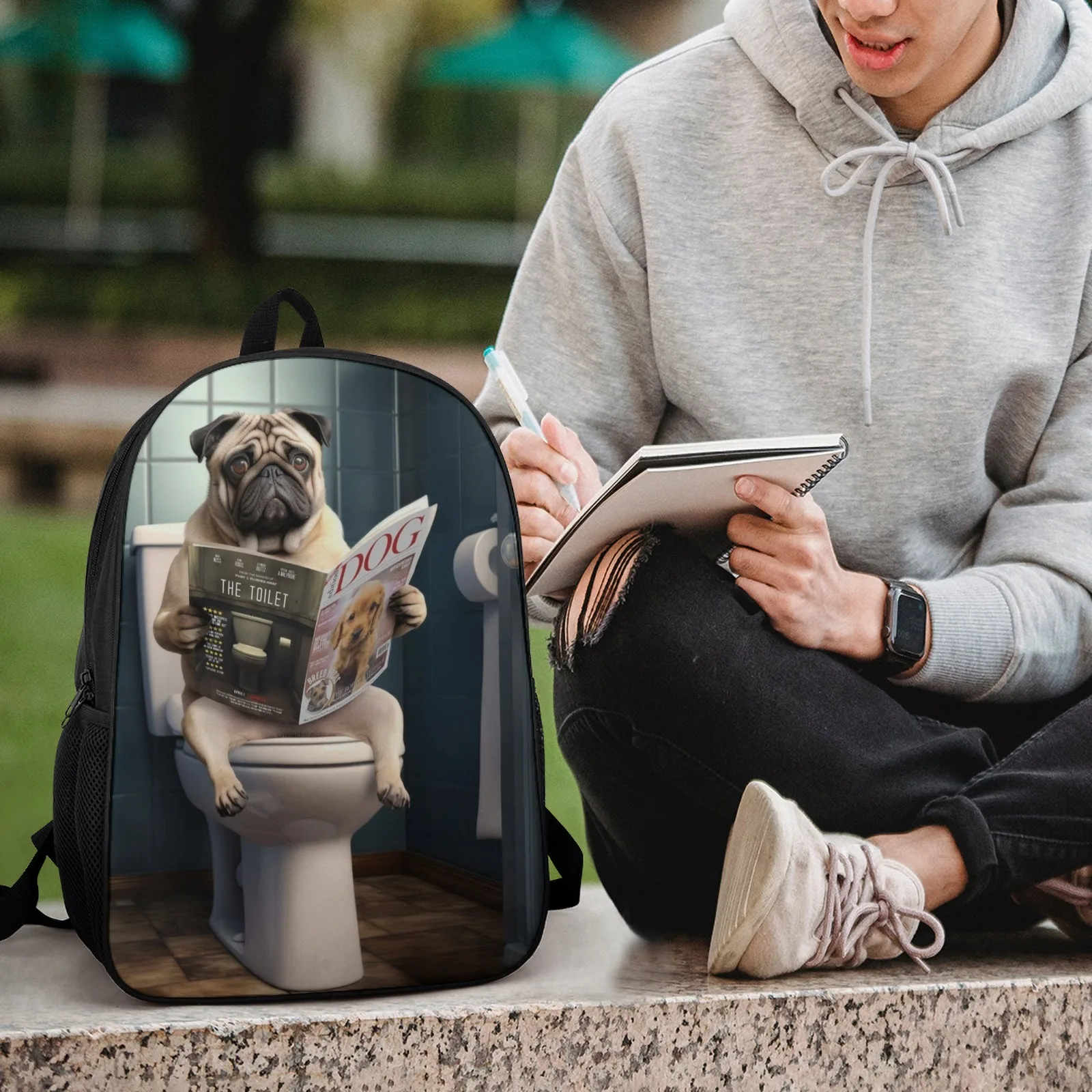 Pug Dog on the Toilet Sac A Dos Borsa per libri stampata Zaino per scuola per bambini Borsa per zaino da scuola da 17 pollici