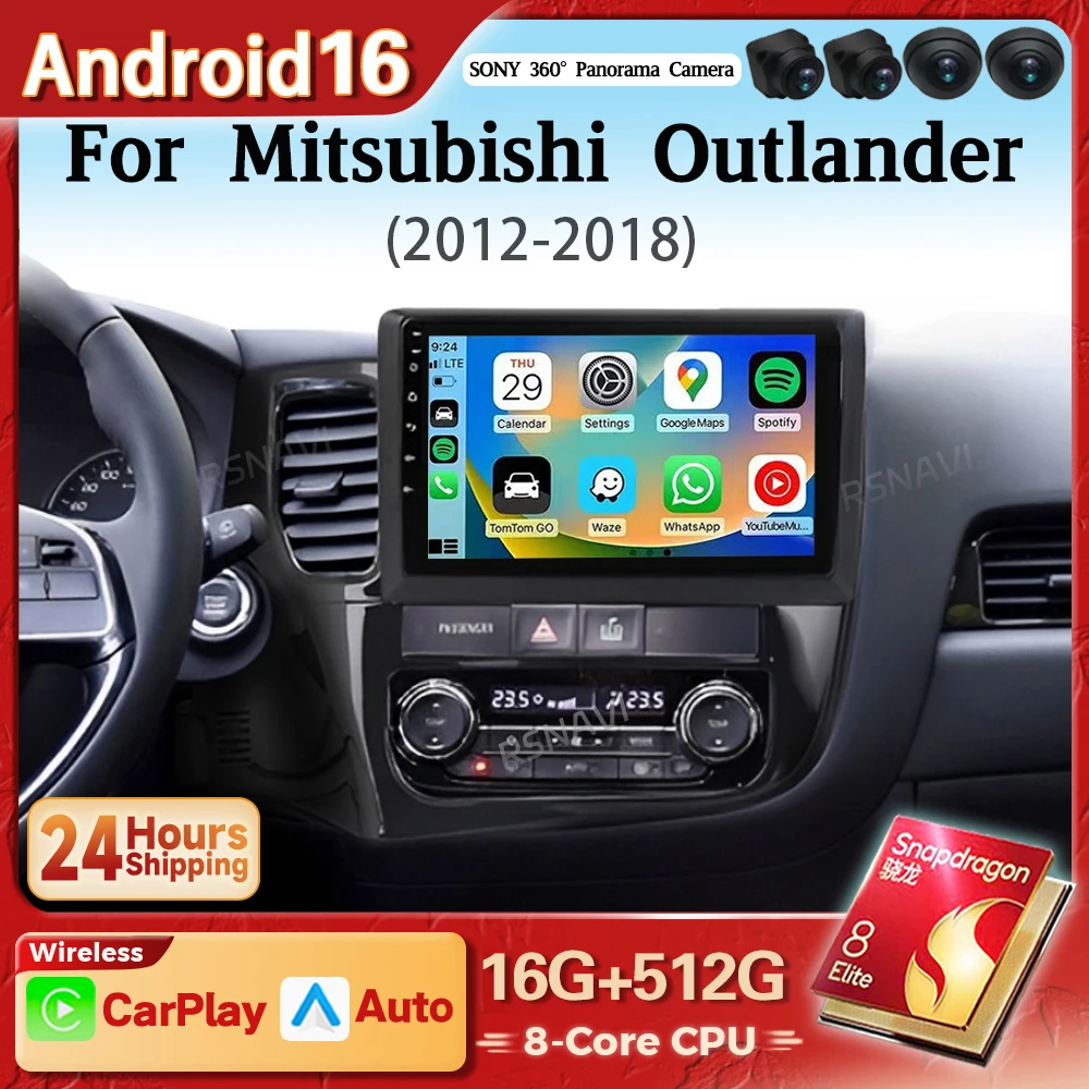 Android 16 Carplay Auto WIFI+4G Car Radio Multimedia Player For Mitsubishi Outlander 3 2012 - 2018 Autoradio Stereo DSP Qualcomm