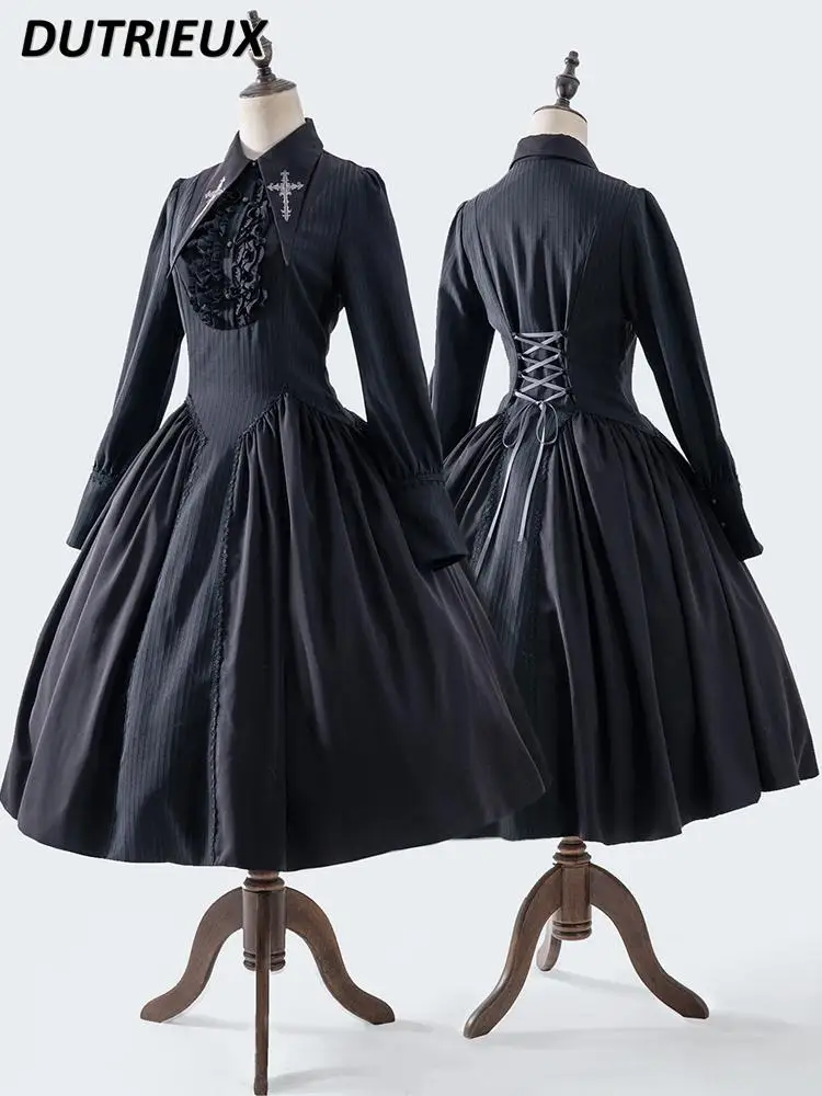 

Black Gothic Lolita Op Sweet Girls Long Dress Spring and Autumn New Japanese Lapel Lace-up Waist Long-sleeved Maxi Dresses