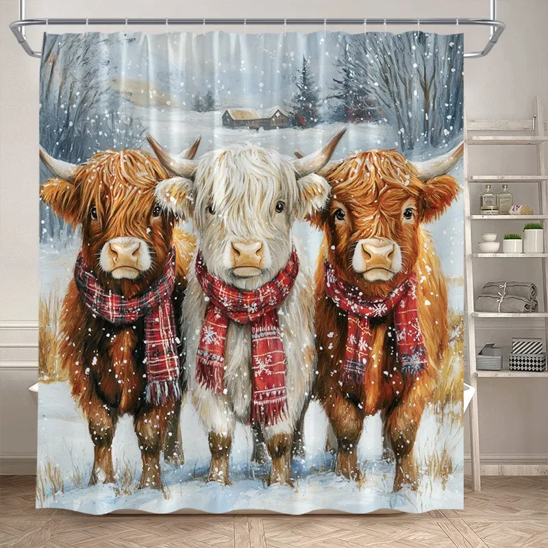 Christmas Highland Cow Shower Curtain Winter Cedar Snowy Xmas Gifts Farm Animal New Year Home Bathroom Curtains Decor With Hooks