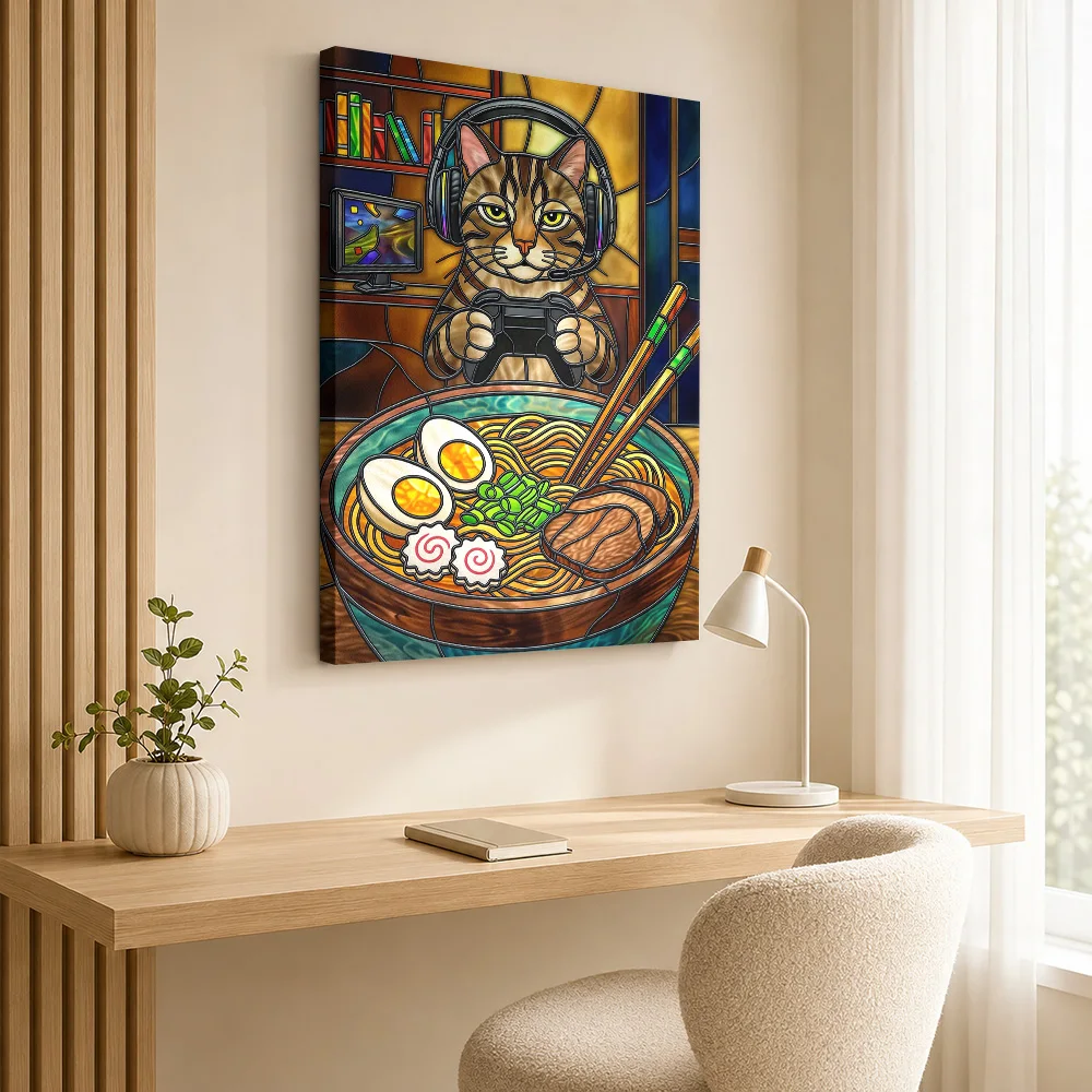 Gamer Cat Enjoying Ramen Framed Canvas Poster Customized Photo Funny Animal Wall Art for Kids Room Bedroom Decor Ready to Hang