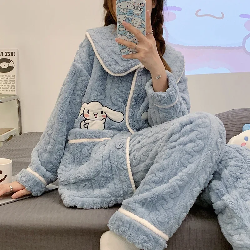 

Cute Sanrio Cinnamoroll Anime Women Pajamas Winter Thickened Warm Long-sleeved Pants Plush Two-piece Loose Casual Homewear Suit