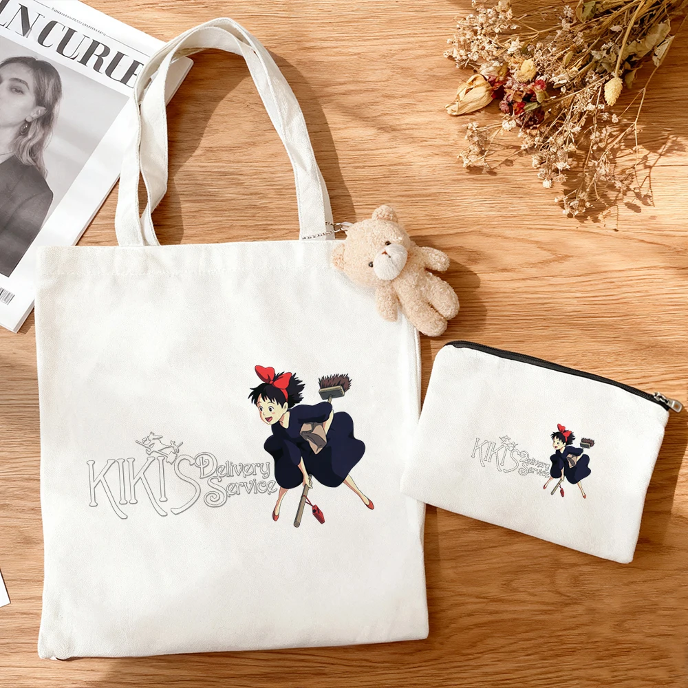 3pcs/set Large Capacity Kiki's Delivery Service Kiki Canvas Tote Bag Kawaii Anime Girl Gift Eco Cotton Reusable Shopping Bag