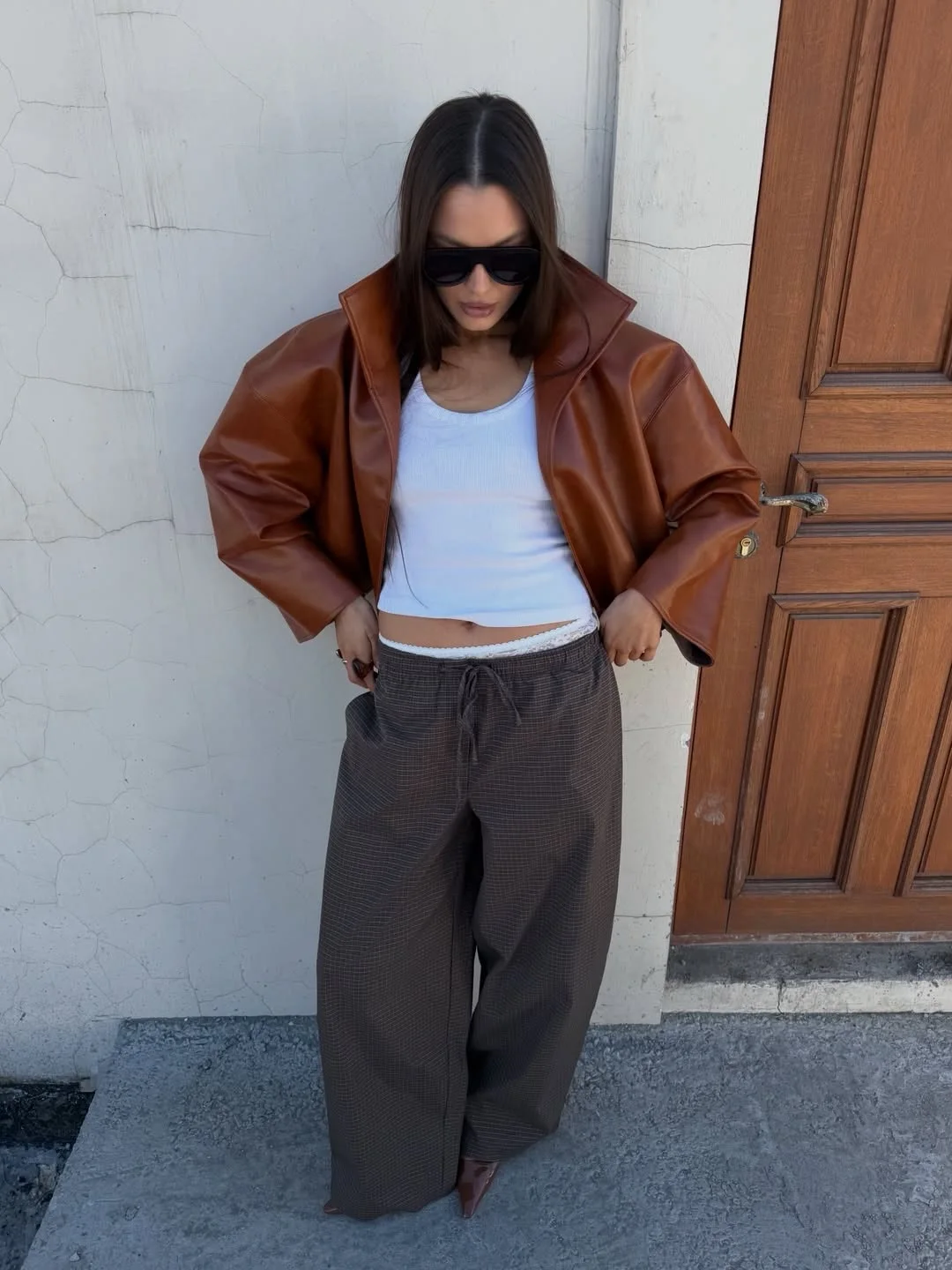 Beige Croc Leather Cropped Jacket Y2k Stand Collar Long Sleeve Wide Cuff Oversize Coat 2026 Autumn Street Daily Casual Outerwear