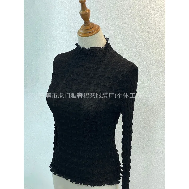 مياكي مطوي الدانتيل قاع تي شيرت الخريف والشتاء جديد سليم رقيقة نصف عالية الرقبة موضة مع بلوزة بأكمام طويلة الملابس