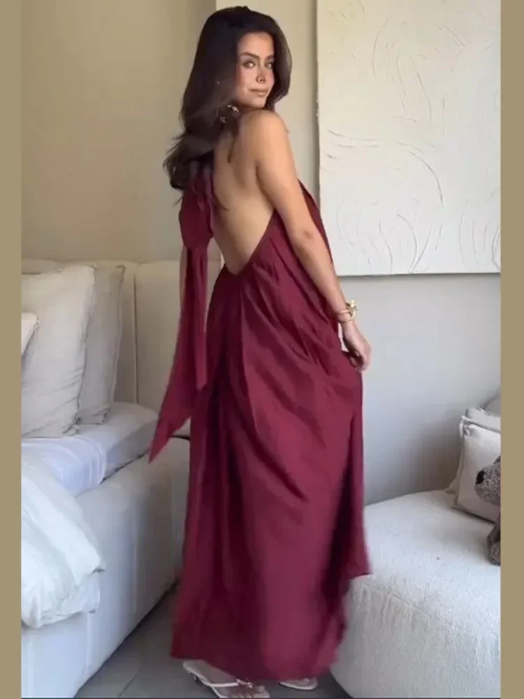 ผู้หญิง High Slit Halter SLIM FIT ชุดแฟชั่นจีบแขนกุดปิดไหล่ Backless Maxi Vestido Beach PARTY Wear