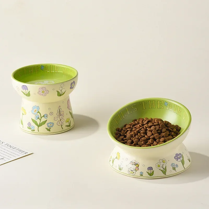 Cat Bowl Green Rabbit Lacy Cat Bowl Anti-black Chin Cat Canned Food Bowl Ceramic Dog Food Bowl Tall Drinking Bowl Pet Products