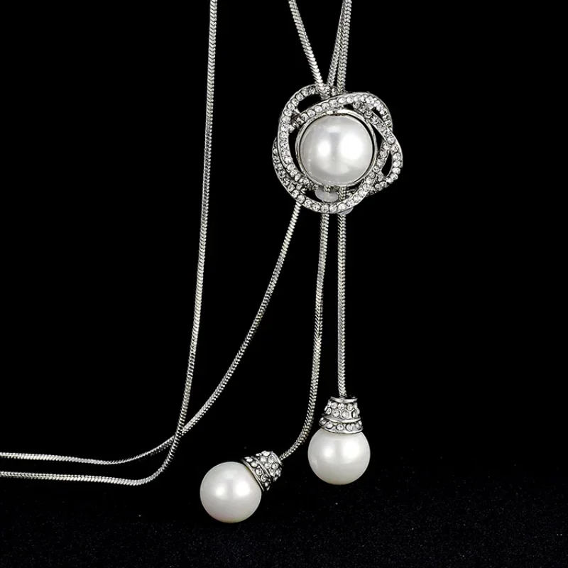 New Rhinestone Circle Long Tassel Necklace For Women Pearl Pendant Silver Color Adjustable Sweater Chain Necklaces Jewelry