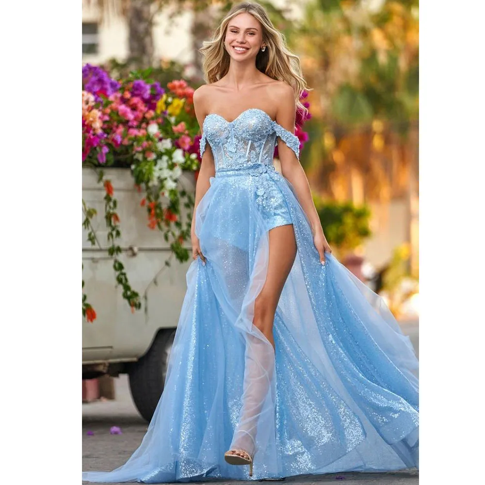 Blue Glitter Tulle Off The Shoulder Mini Evening Gown Formal Graduation Dresses Sweetheart Appliques Formal Party Prom Dresses