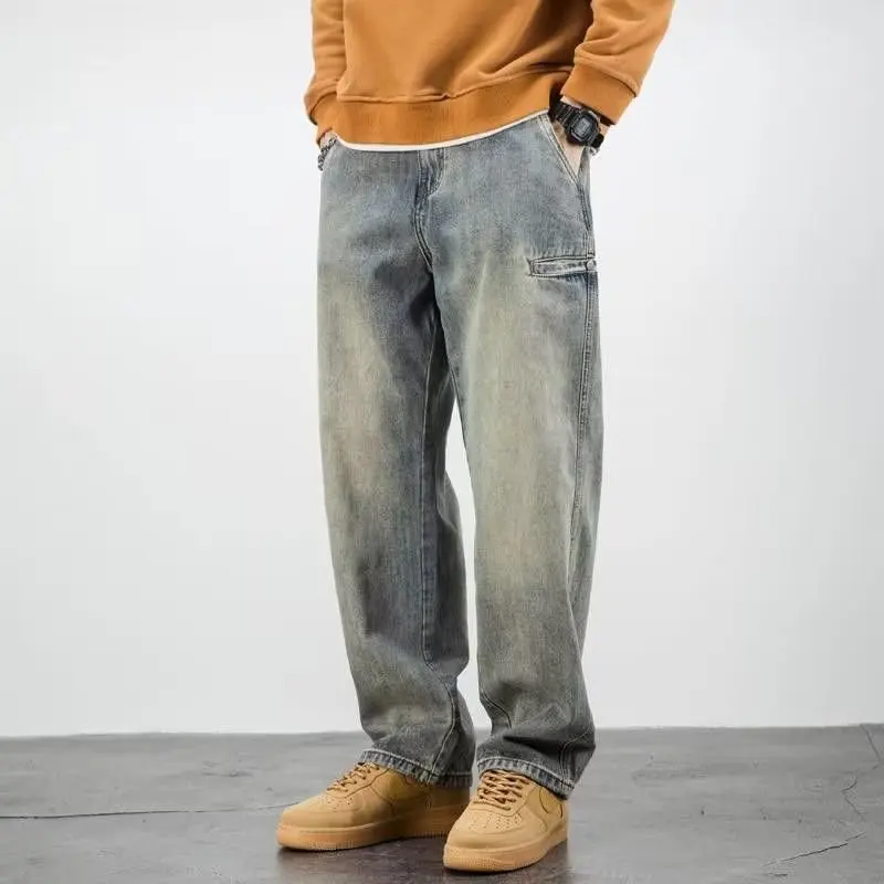 Oversize Straight Leg Men's Jeans Winter Casual Vintage Washed Wide Leg Pants Versatile Loose Fit Youthful Style Long Trousers