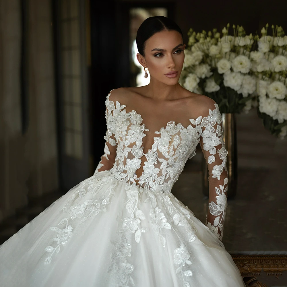 فستان زفاف فاخر بأكمام طويلة ورقبة على شكل V على شكل حرف a مزين بالدانتيل فستان عروس رسمي 2025 فستان زفاف فيستدو دي نويفا مخصص