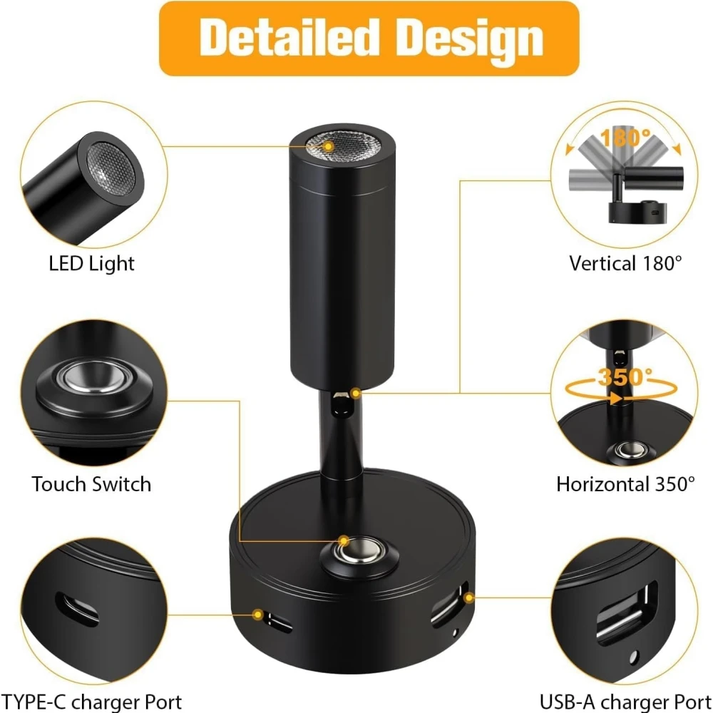 Tokili 12/24V Dimmable LED Spotlight w/ Touch Dimmer & Dual USB Ports, Reading Light for RV, Truck, Marine, Trailer, Off-Road